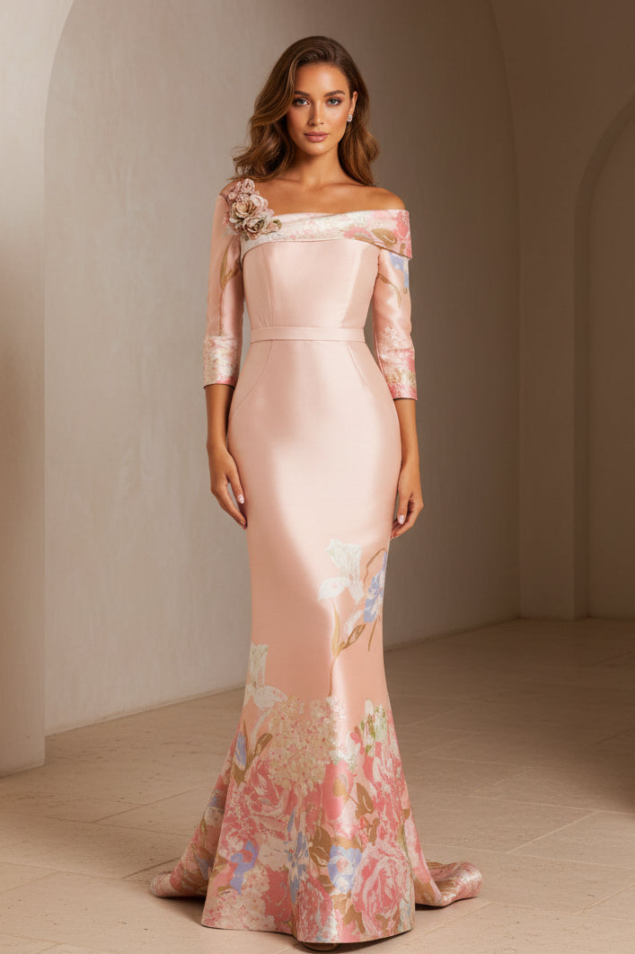 Vestido de sirena floral asimétrico con hombros descubiertos