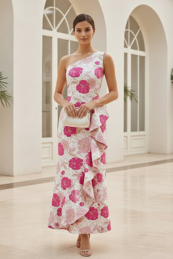 Vestido largo de jacquard floral con un hombro y volantes
