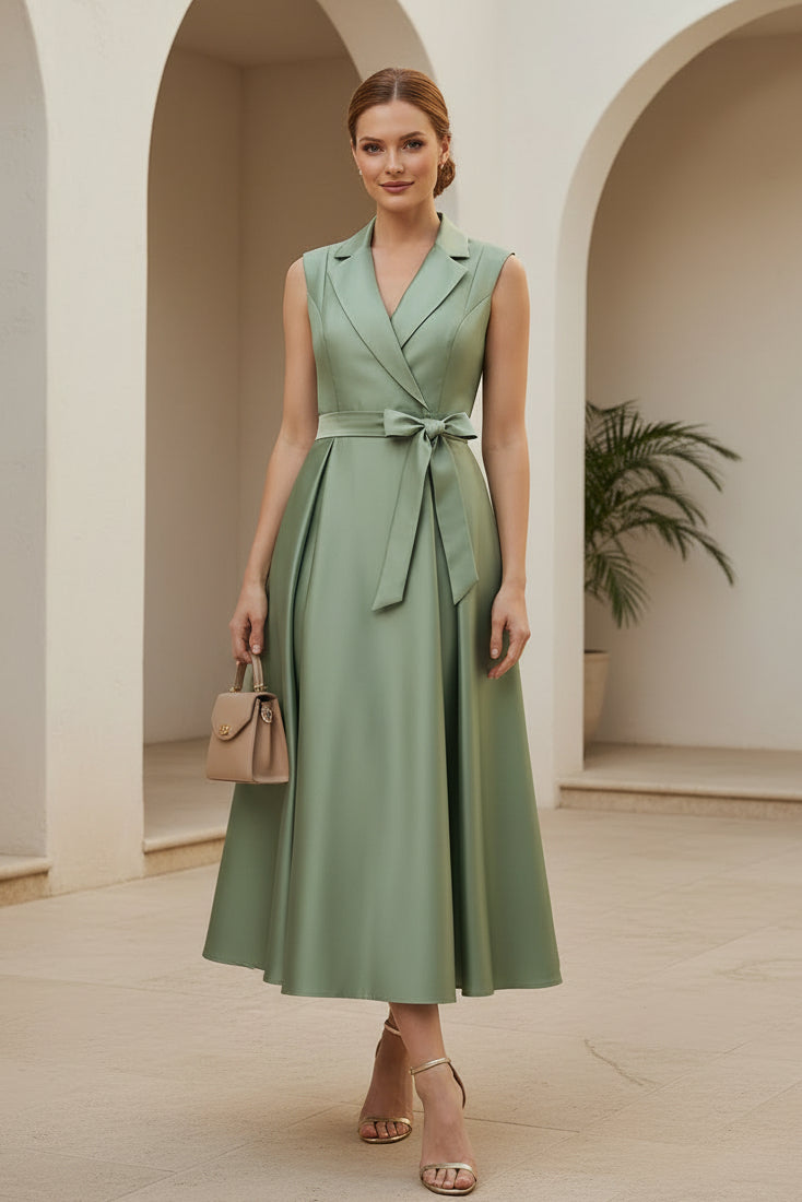 Vestido midi cruzado de satén con solapa de muesca y cinturón de lazo