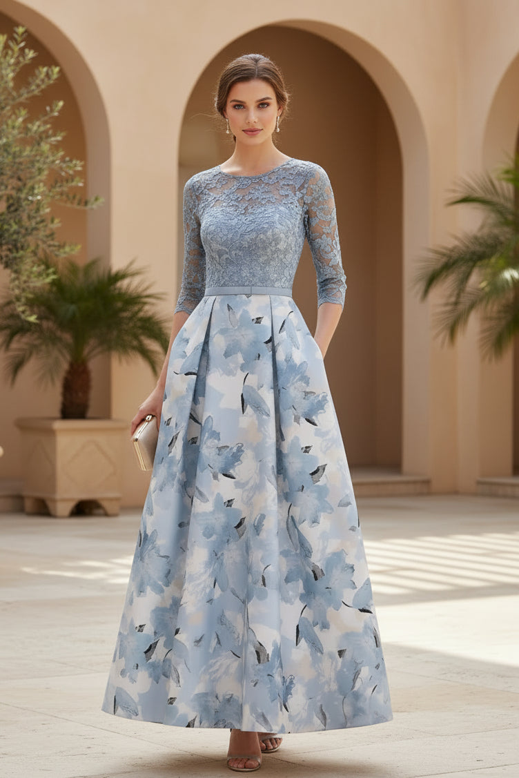 Vestido de Noche Formal Acampanado con Corpiño de Encaje Floral y Bolsillos