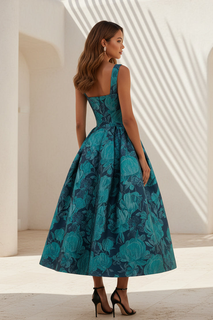 Vestido de fiesta de largo medio de jacquard floral