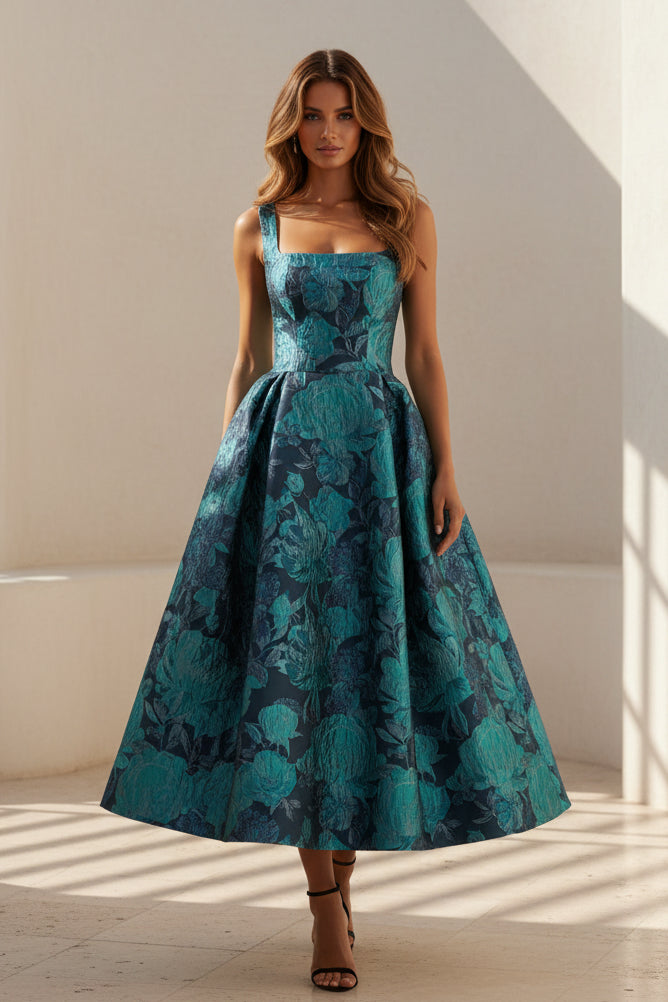 Vestido de fiesta de largo medio de jacquard floral