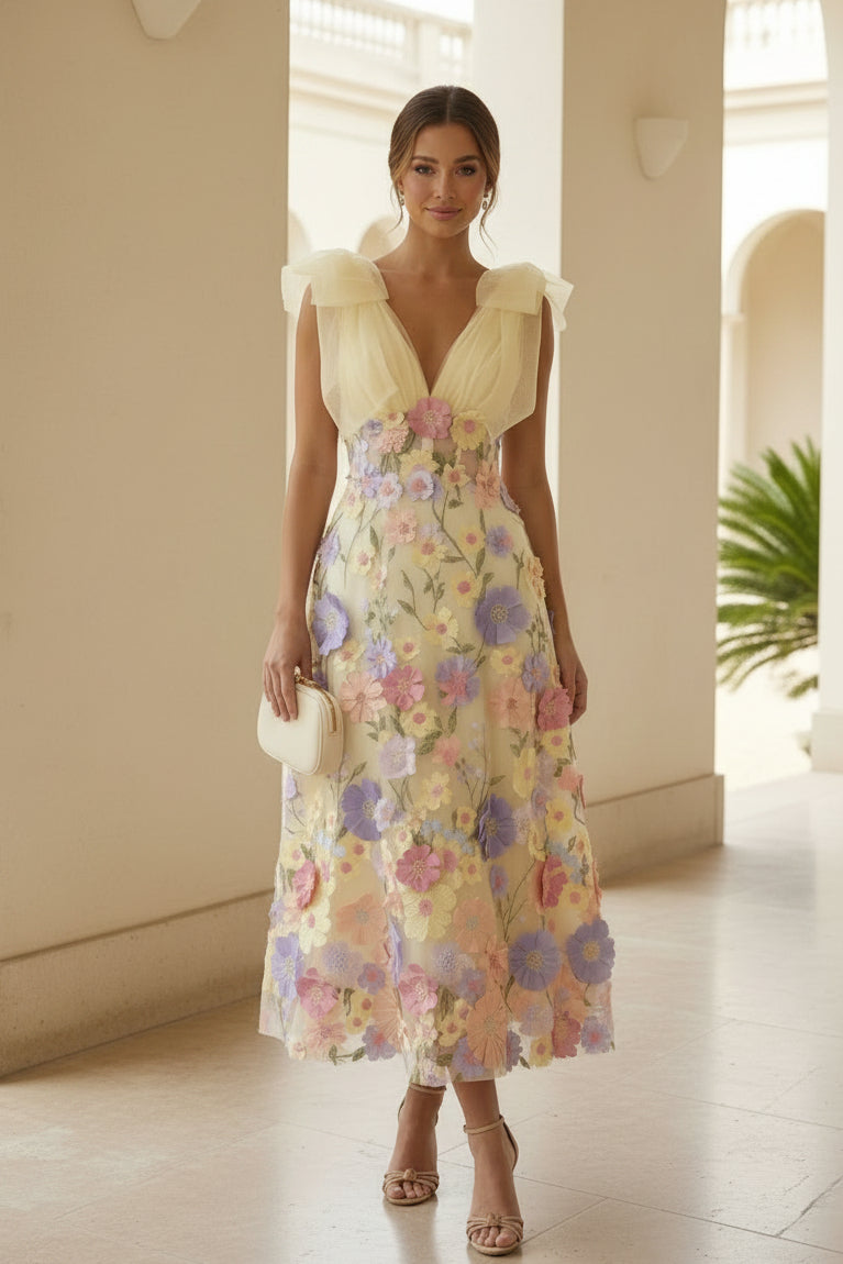 Vestido Midi de Tul con Apliques Florales en 3D y Hombros con Lazo