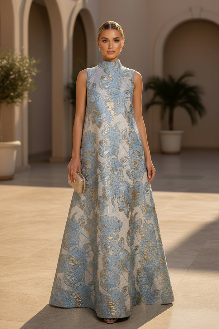 Vestido de noche de línea A con cuello alto de jacquard floral