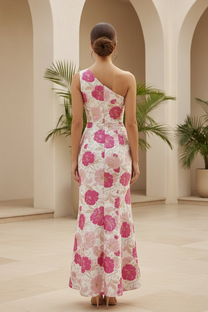 Vestido largo de jacquard floral con un hombro y volantes