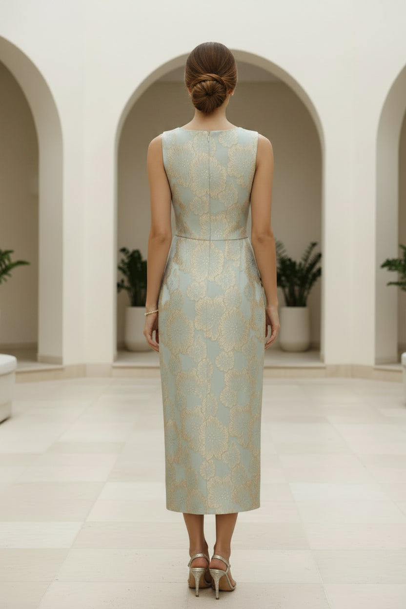 Vestido midi jacquard floral sin mangas