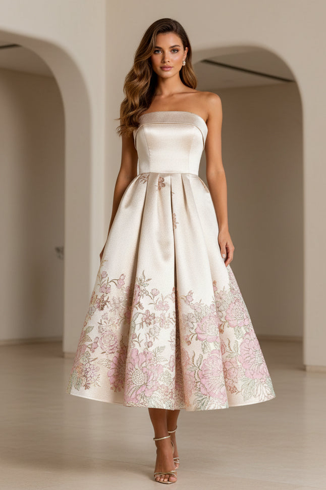 Vestido midi acampanado sin tirantes de jacquard metálico