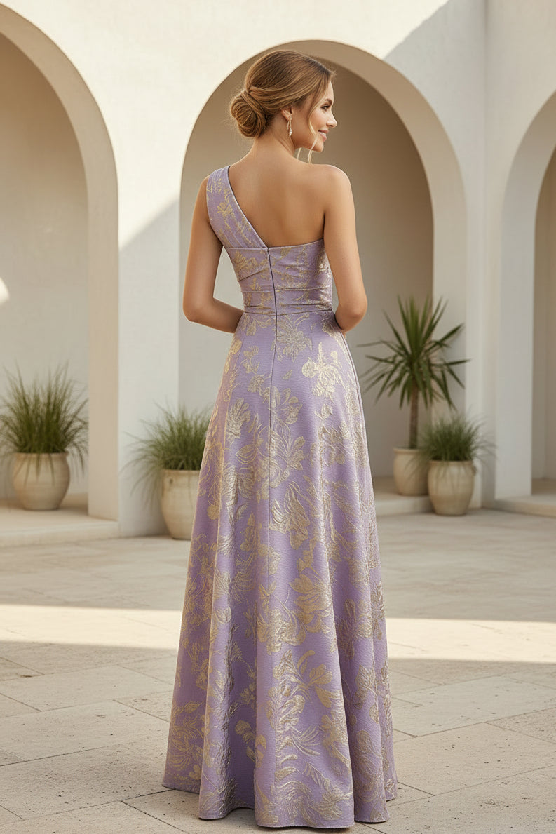 Vestido de noche largo de jacquard con un solo hombro y corte A