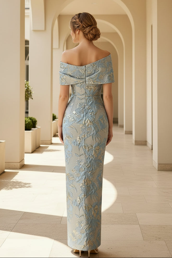 Vestido de Noche Columna de Brocado con Hombros al Descubierto