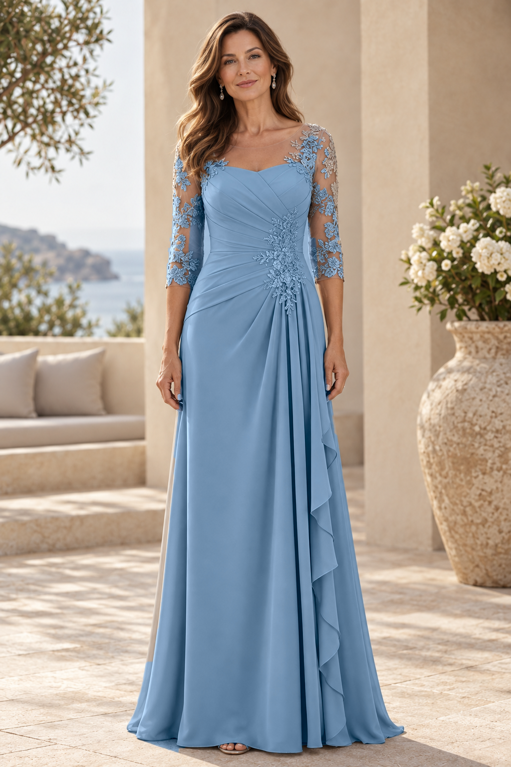 Lace 3/4 Sleeve Pleated Gown with Cascade Ruffle