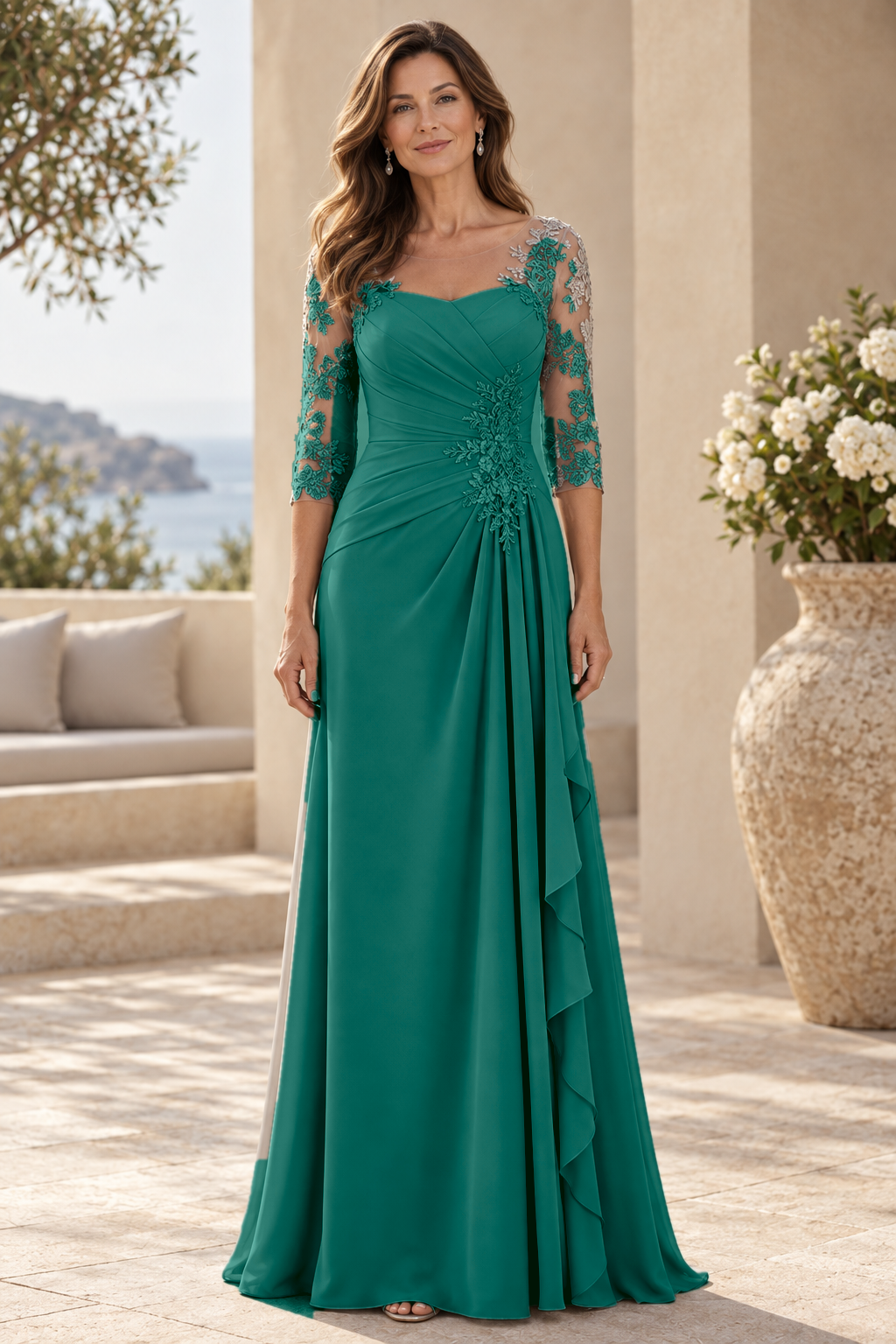 Lace 3/4 Sleeve Pleated Gown with Cascade Ruffle
