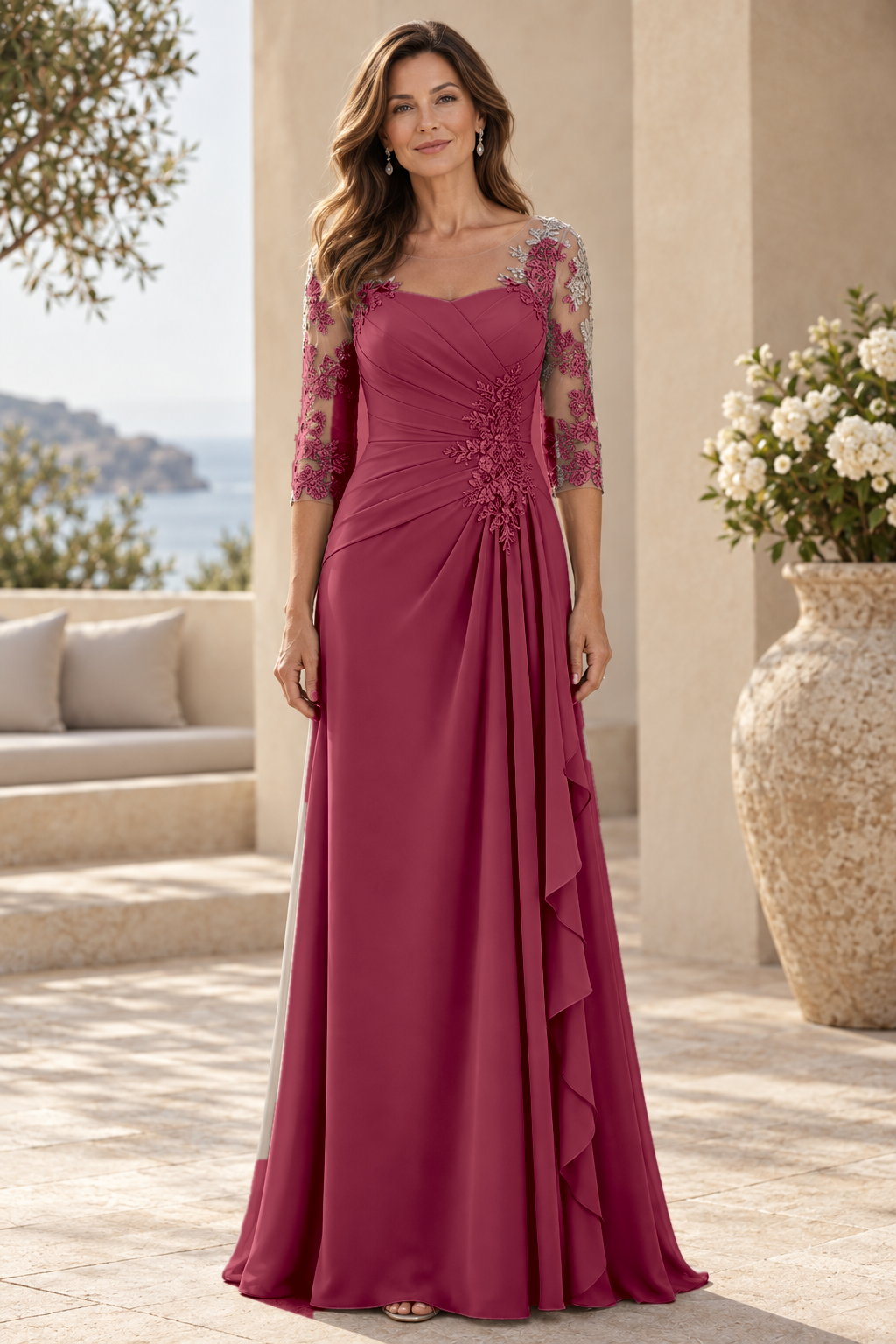 Lace 3/4 Sleeve Pleated Gown with Cascade Ruffle