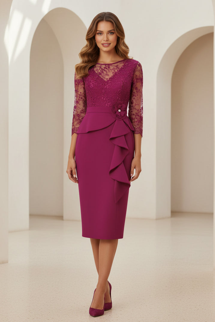 Elegante Vestido Midi de Encaje Ilusión con Detalle Peplum