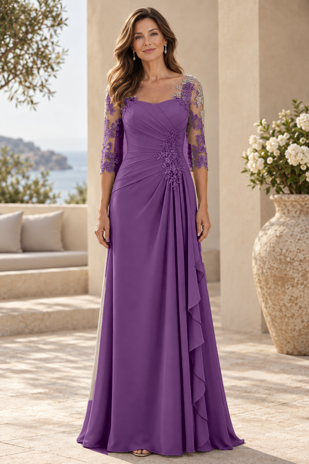 Lace 3/4 Sleeve Pleated Gown with Cascade Ruffle