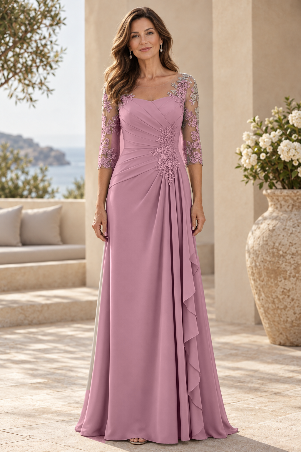 Lace 3/4 Sleeve Pleated Gown with Cascade Ruffle