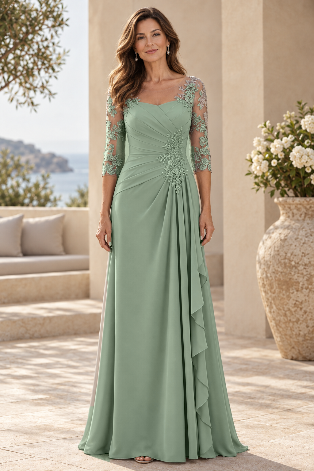 Lace 3/4 Sleeve Pleated Gown with Cascade Ruffle