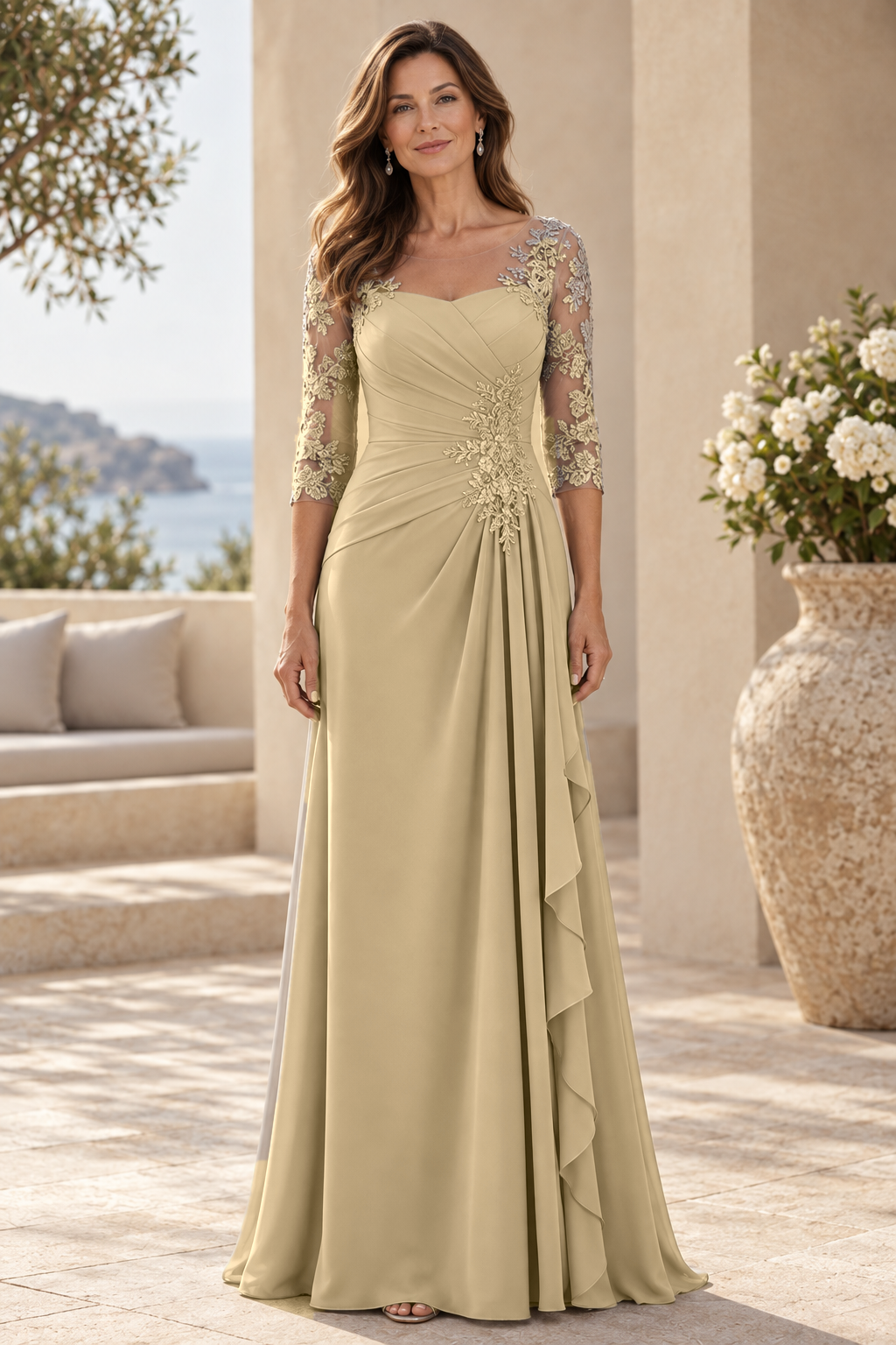 Lace 3/4 Sleeve Pleated Gown with Cascade Ruffle