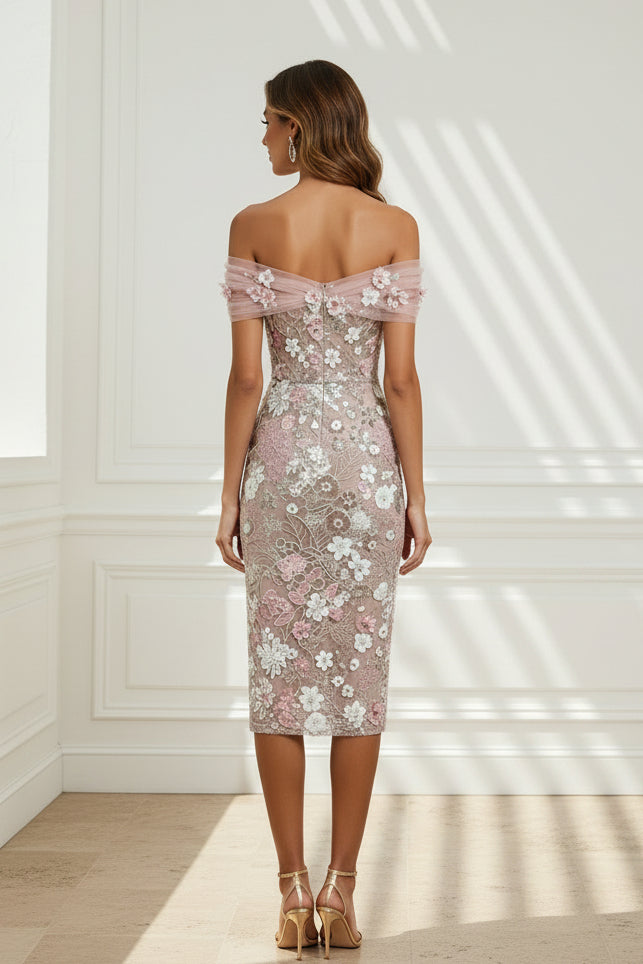 Vestido midi con bordado floral y hombros descubiertos
