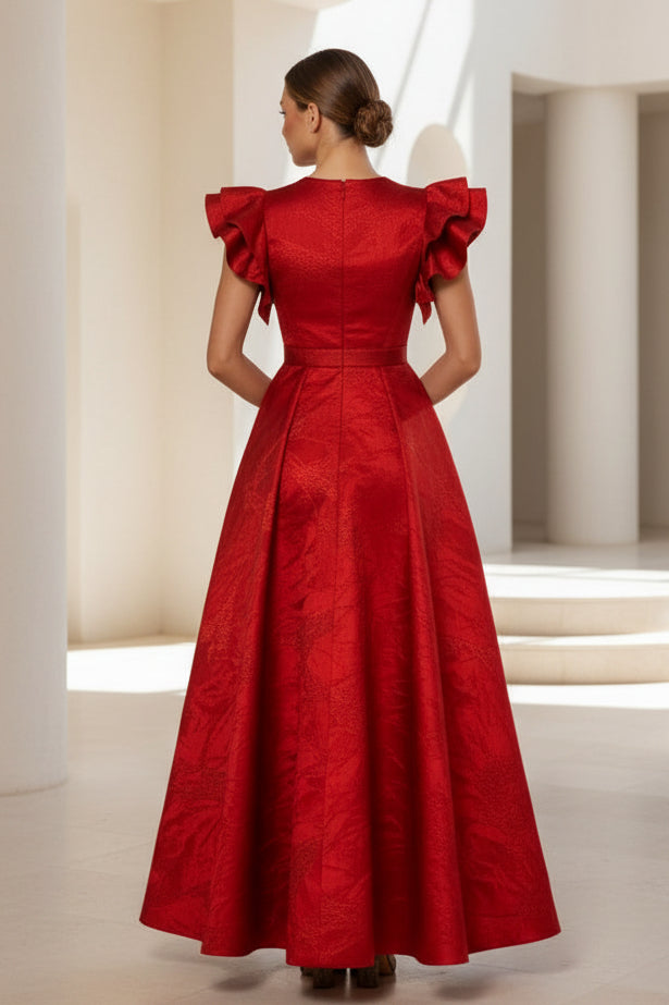 Vestido de noche acampanado de jacquard con mangas con volantes