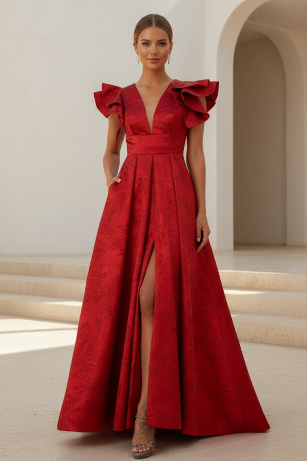 Vestido de noche acampanado de jacquard con mangas con volantes