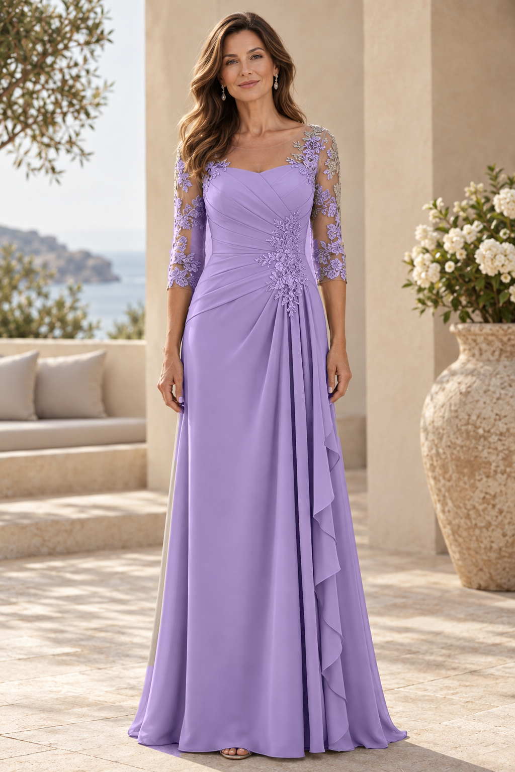 Lace 3/4 Sleeve Pleated Gown with Cascade Ruffle