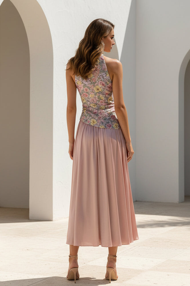 Vestido midi de satén floral con cuello halter