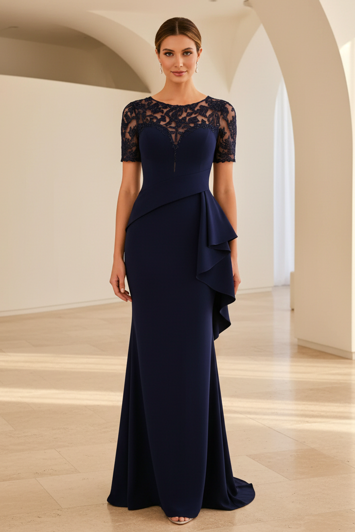 Vestido de noche sirena de encaje ilusión con volante lateral