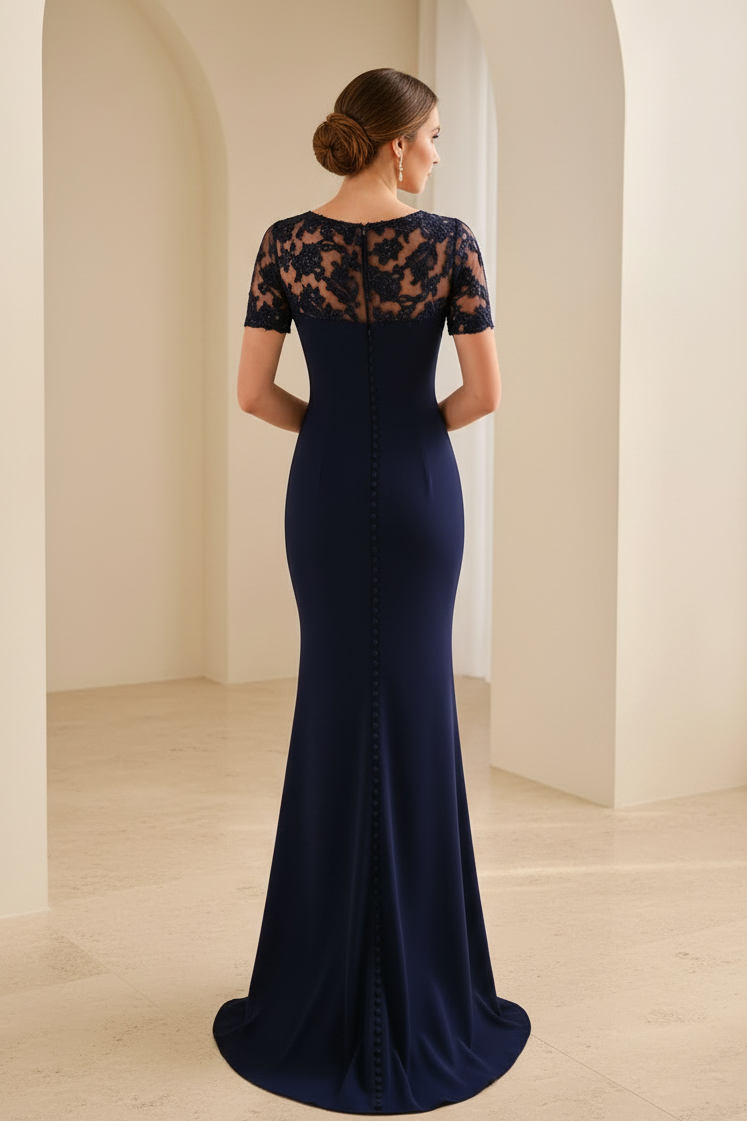 Vestido de noche sirena de encaje ilusión con volante lateral