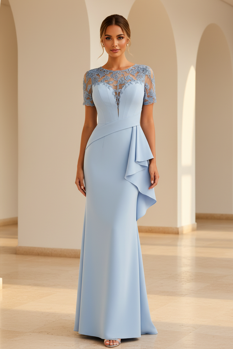 Vestido de noche sirena de encaje ilusión con volante lateral