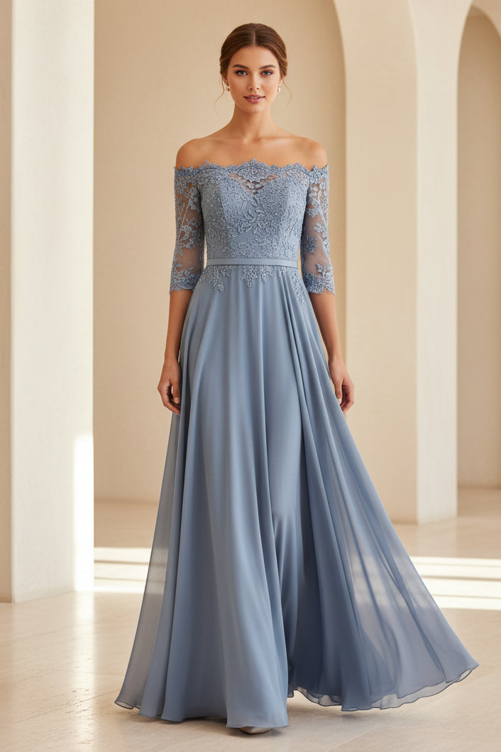 Vestido de noche de chifón y encaje con hombros descubiertos