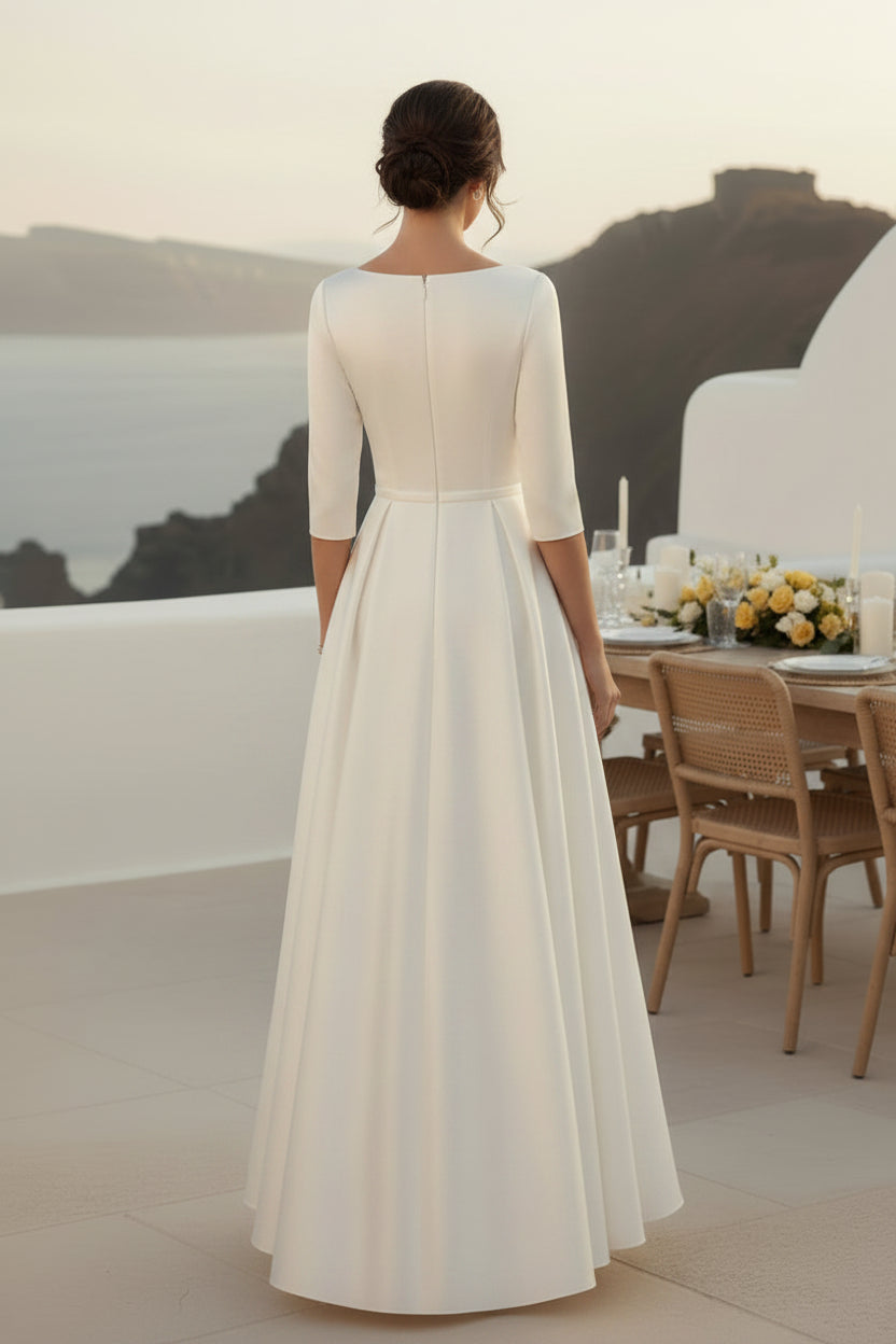 Vestido Midi de Satén con Manga 3/4 Corte Evasé y Bolsillos