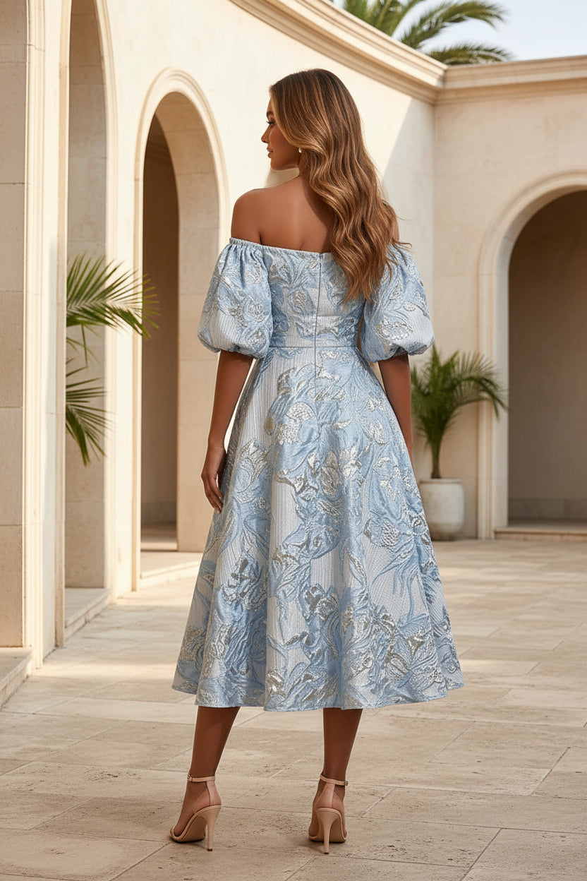 Vestido Midi de Jacquard con Hombros Descubiertos