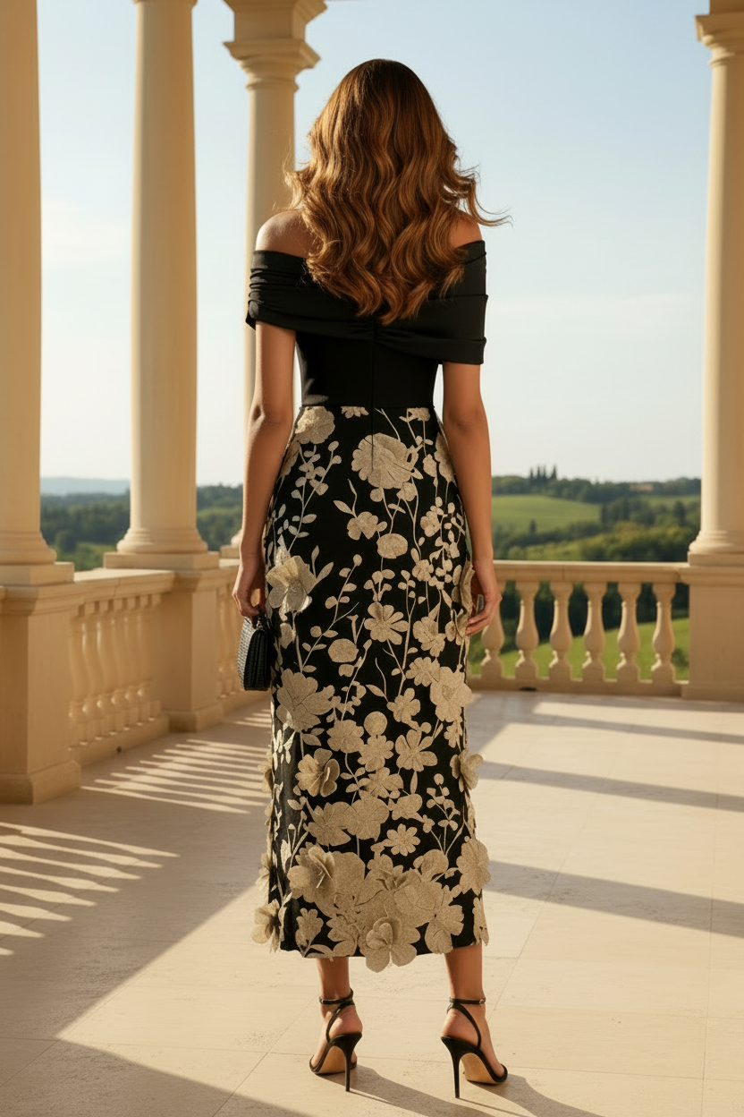 Vestido midi con apliques florales y hombros descubiertos