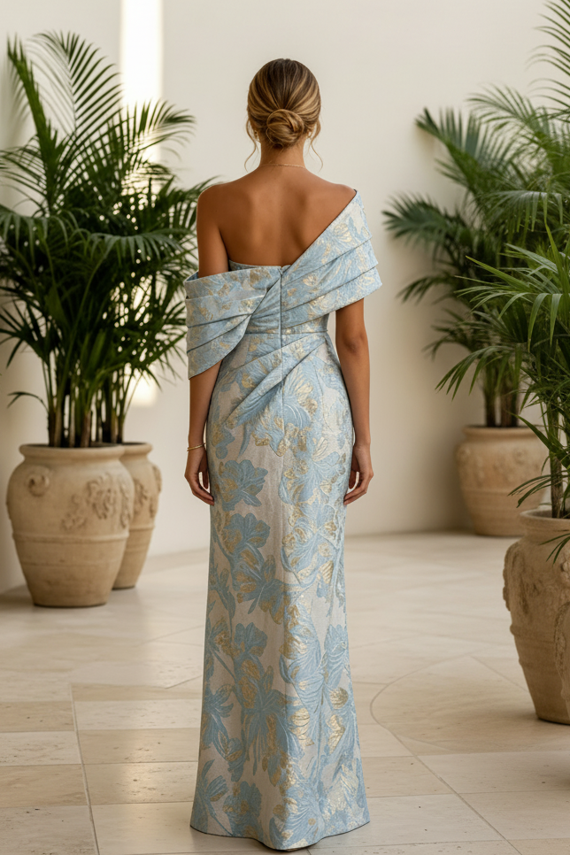Vestido de noche formal jacquard drapeado con hombros descubiertos