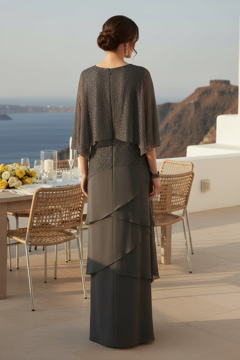 Vestido largo de gasa con volantes y chaqueta de encaje