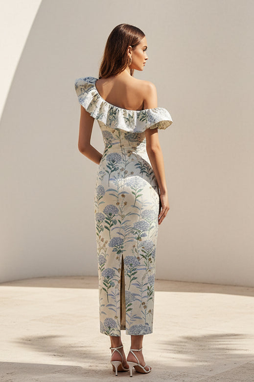 Vestido Midi Floral de Un Hombro con Volantes