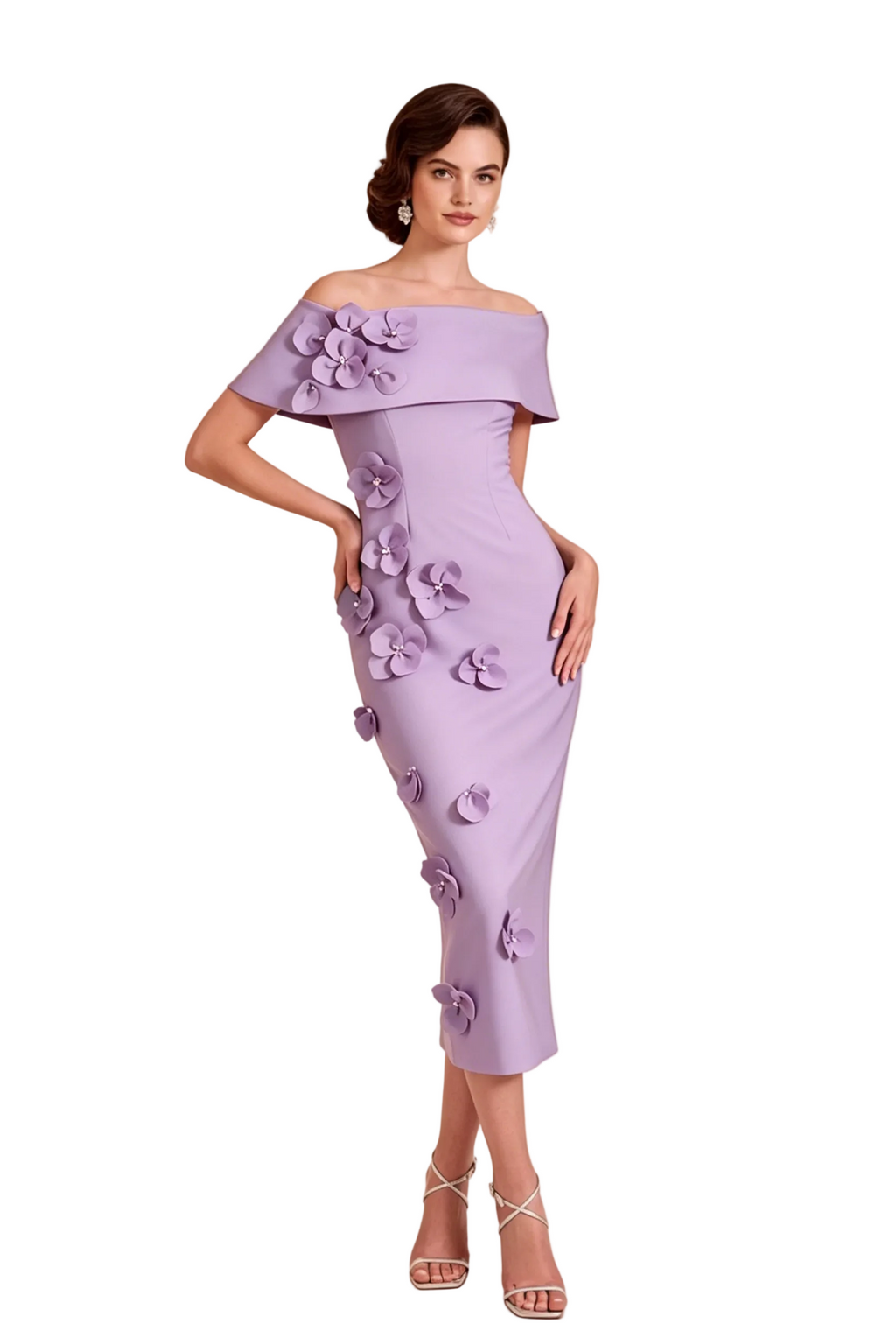 Vestido midi con diseño floral 3D y hombros descubiertos