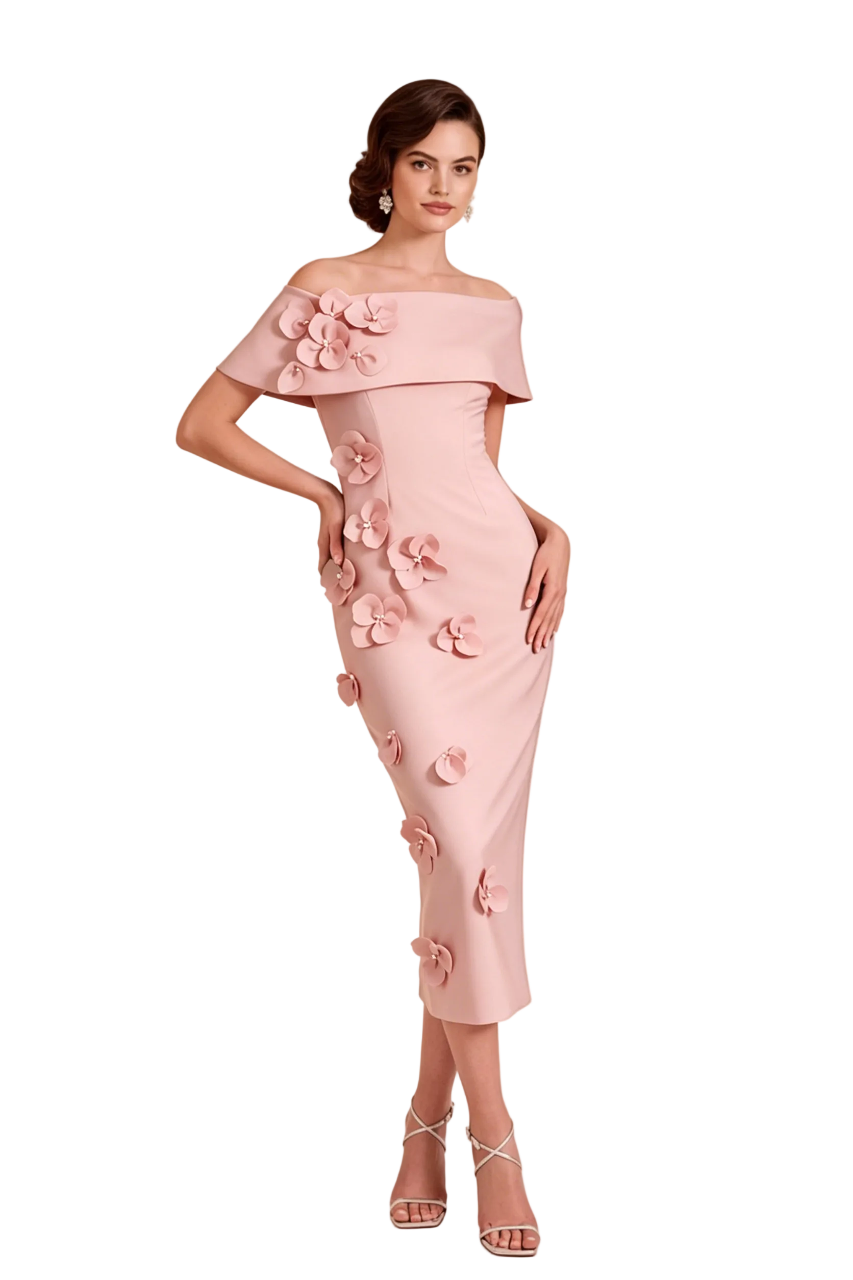 Vestido midi con diseño floral 3D y hombros descubiertos