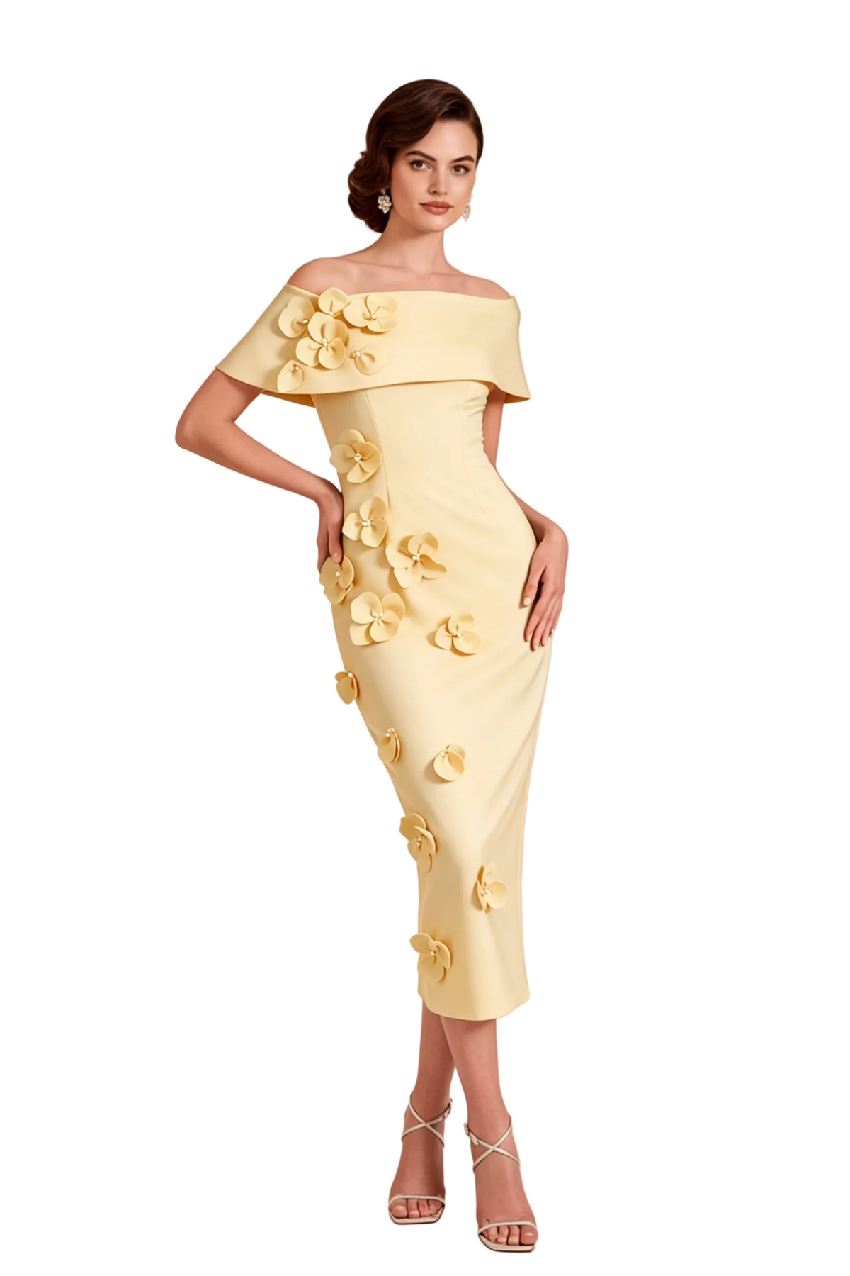 Vestido midi con diseño floral 3D y hombros descubiertos