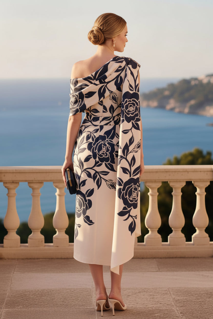 Vestido midi con capa floral de un solo hombro