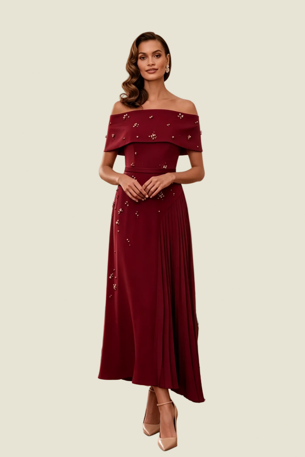 Vestido midi plisado con perlas y hombros descubiertos
