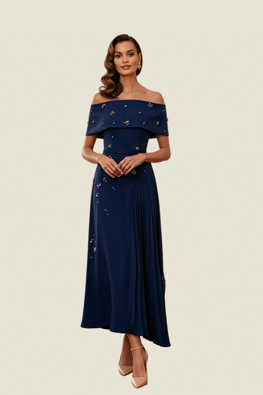 Vestido midi plisado con perlas y hombros descubiertos