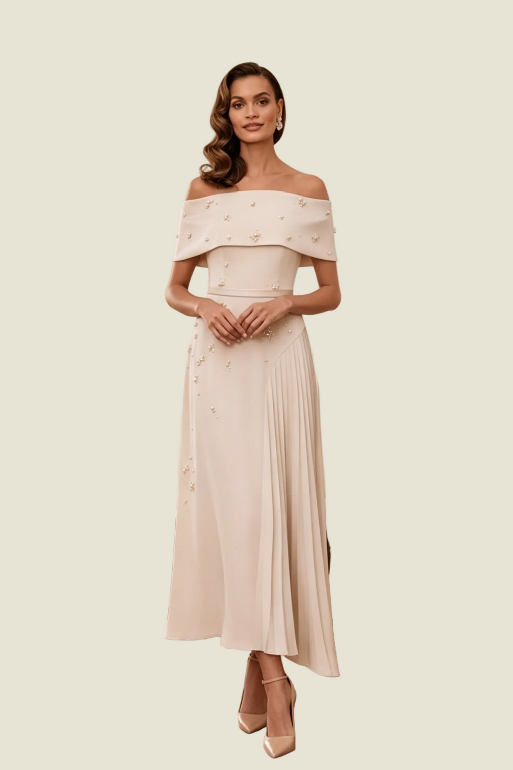 Vestido midi plisado con perlas y hombros descubiertos