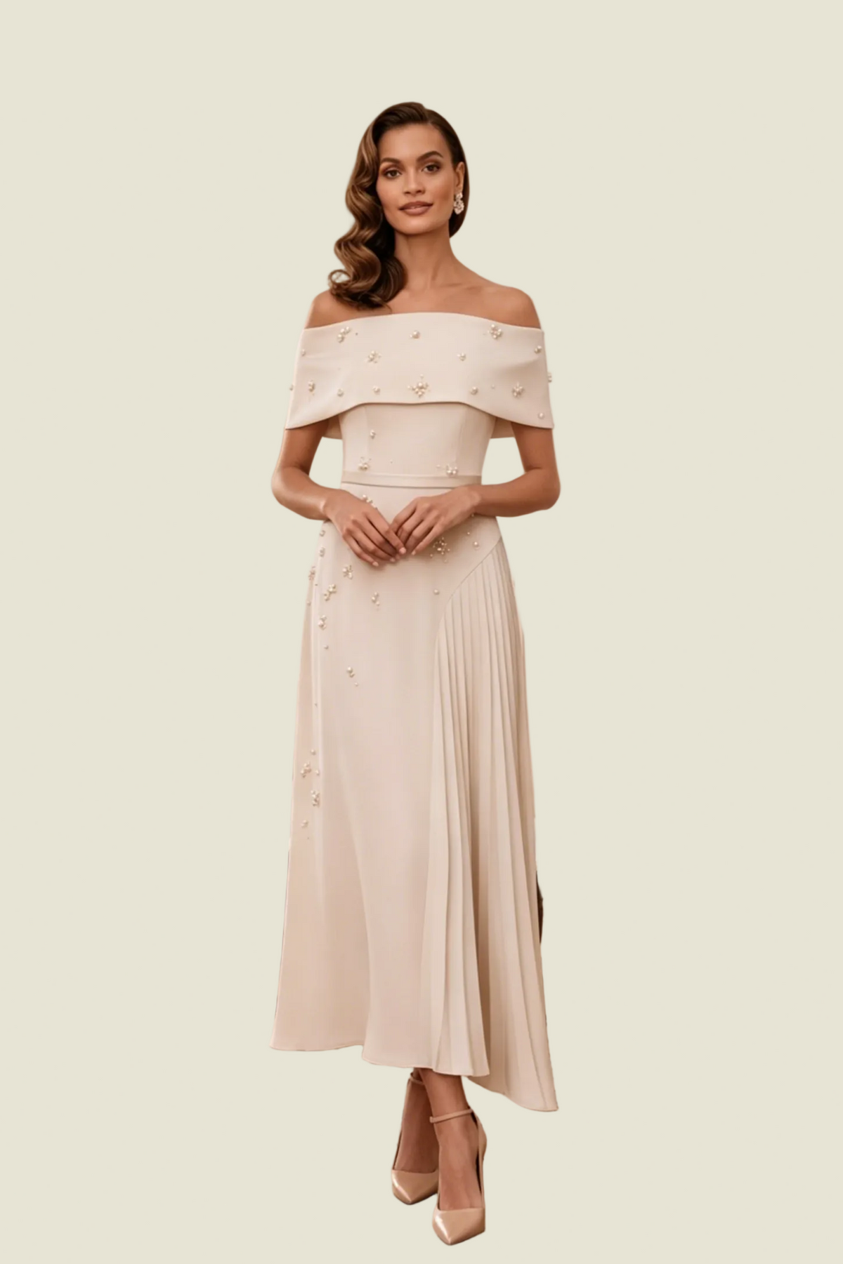 Vestido midi plisado con perlas y hombros descubiertos