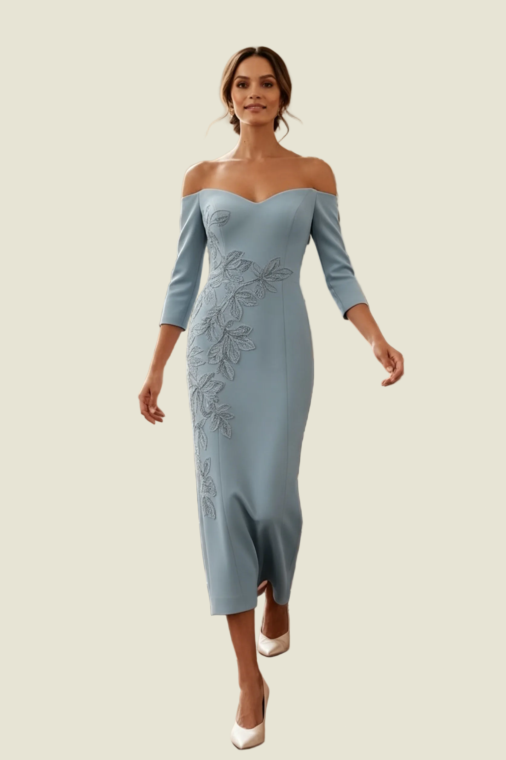 Vestido a media pierna con apliques florales y hombros descubiertos