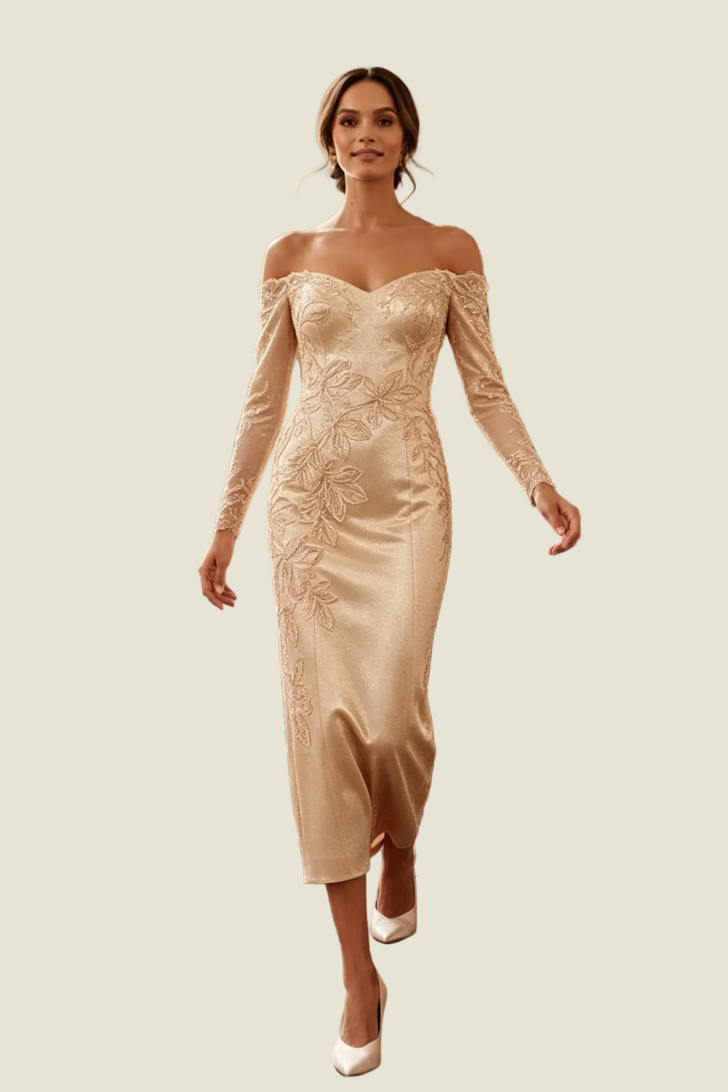 Vestido a media pierna con apliques florales y hombros descubiertos