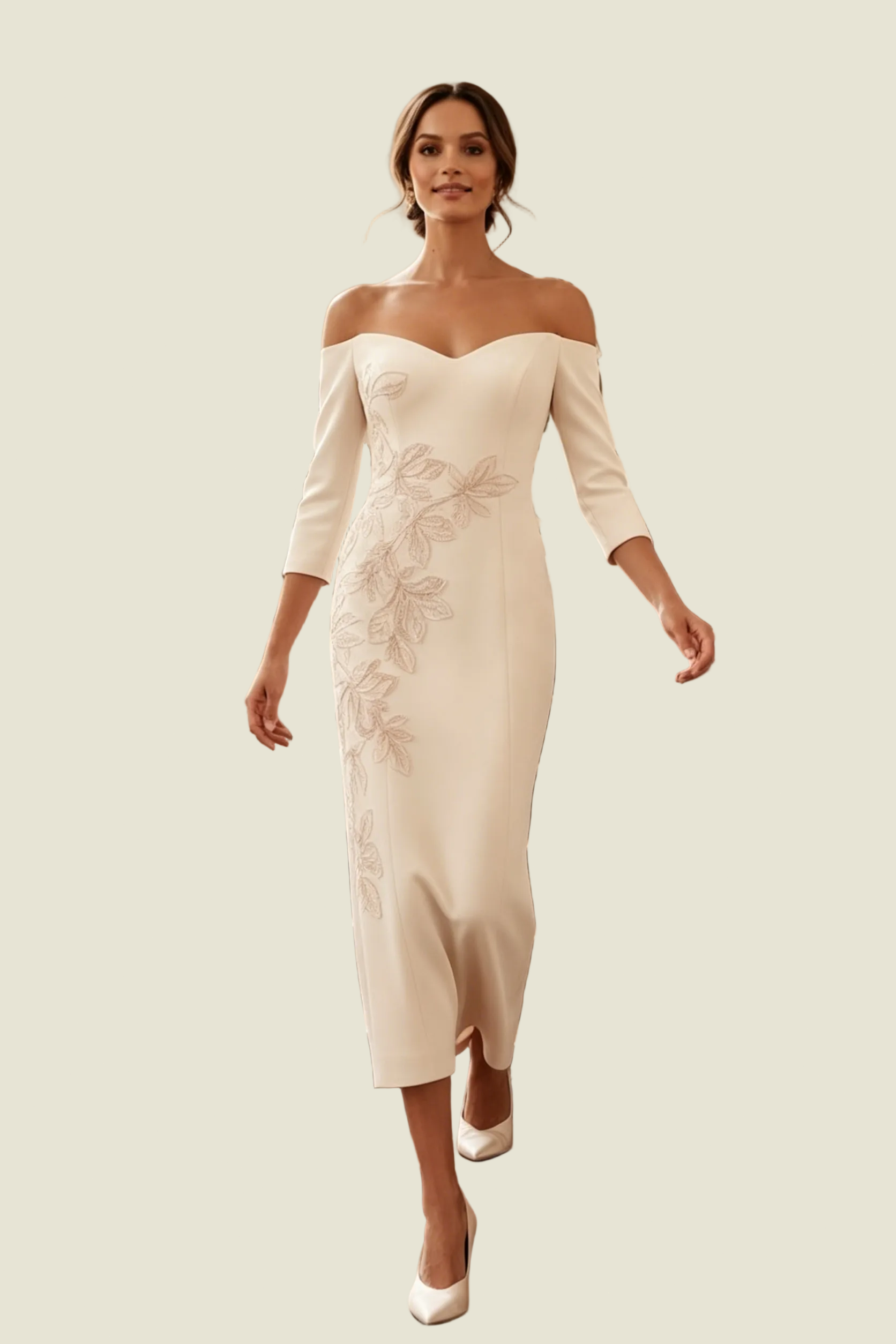 Vestido a media pierna con apliques florales y hombros descubiertos