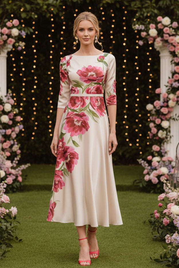Vestido asimétrico de satén con cuello barco floral