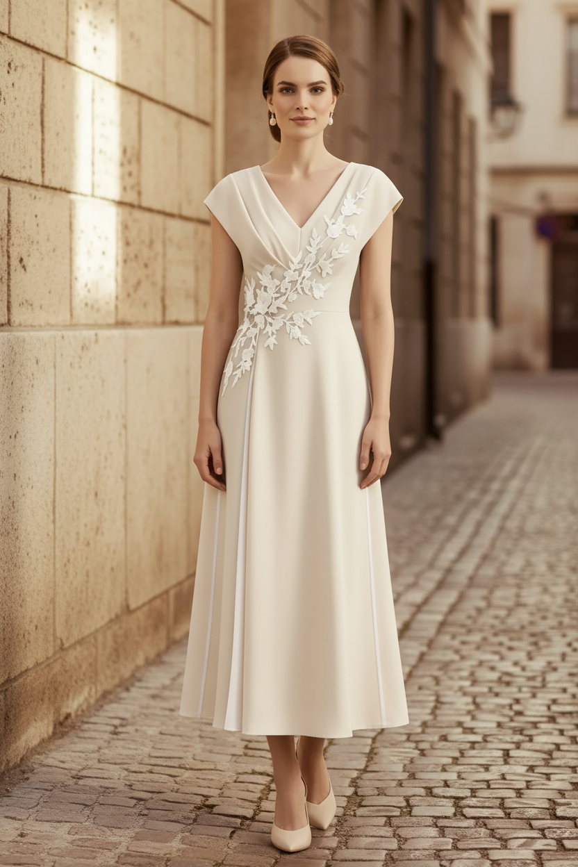 Vestido midi con apliques, escote en V y manga casquillo