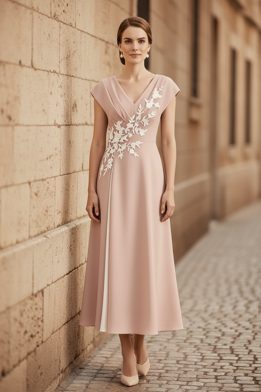 Vestido midi con apliques, escote en V y manga casquillo